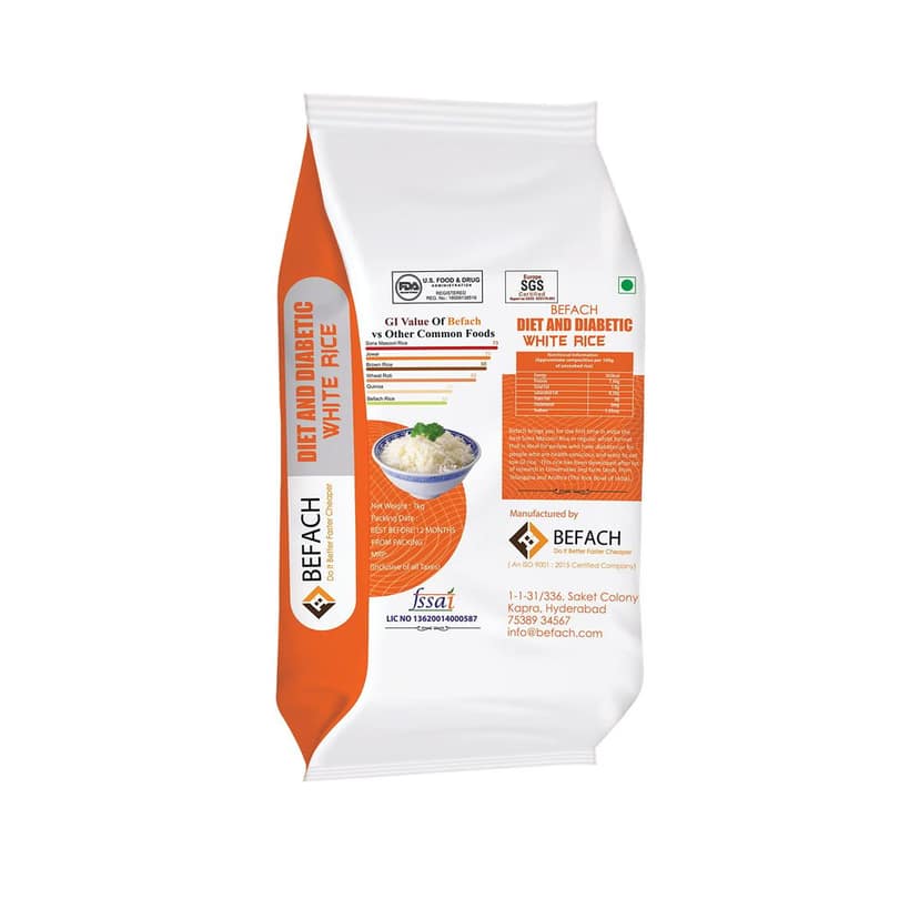 BEFACH-Diet and Diabetic White Rice Free of Pesticides, Non GMO, Certified Low GI & Low Sugar White Rice Perfect for Diet & Diabetic Patients (1 KG) Pack of 2 view 2