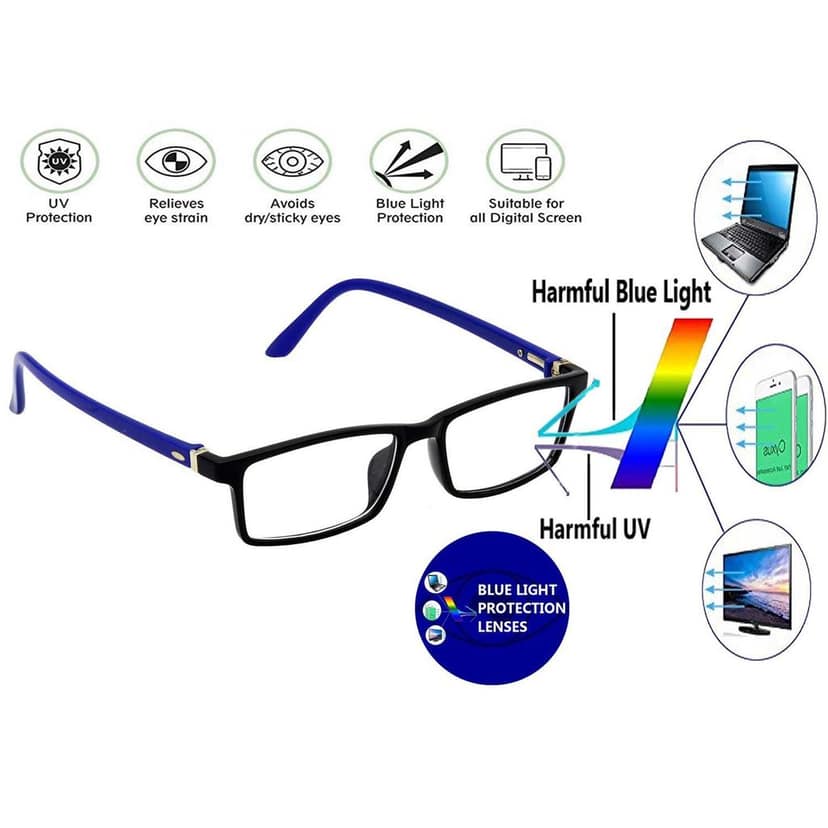 Hrinkar Zero Power Computer Gaming Glasses for Eye Protection with Blue Cut Lenses for Men & Women | Blue and Black | HBCT-FRM-BK-BU-15