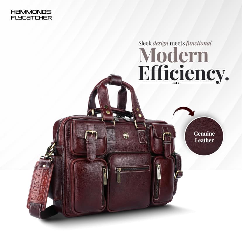 HAMMONDS FLYCATCHER Genuine Leather Office Bag for Men with Adjustable Shoulder Strap - 15.6 Inch Laptop Bag for Men - Water Resistant, 1 Year Warranty - Office, Travel, Daily Use - Brown HAMMONDS FLYCATCHER Genuine Leather Office Bag for Men with Adjust view 2