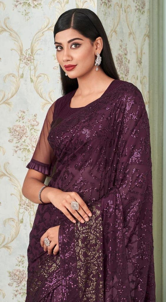 Embroidered Georgette Saree in Purple view 2
