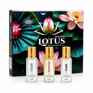 Shri ShriJi Golden Lotus Perfume Gift Set (3 x 6ml) | Alcohol-Free Premium Perfume for Men & Women | Long Lasting Fragrance | Luxury Gift Pack