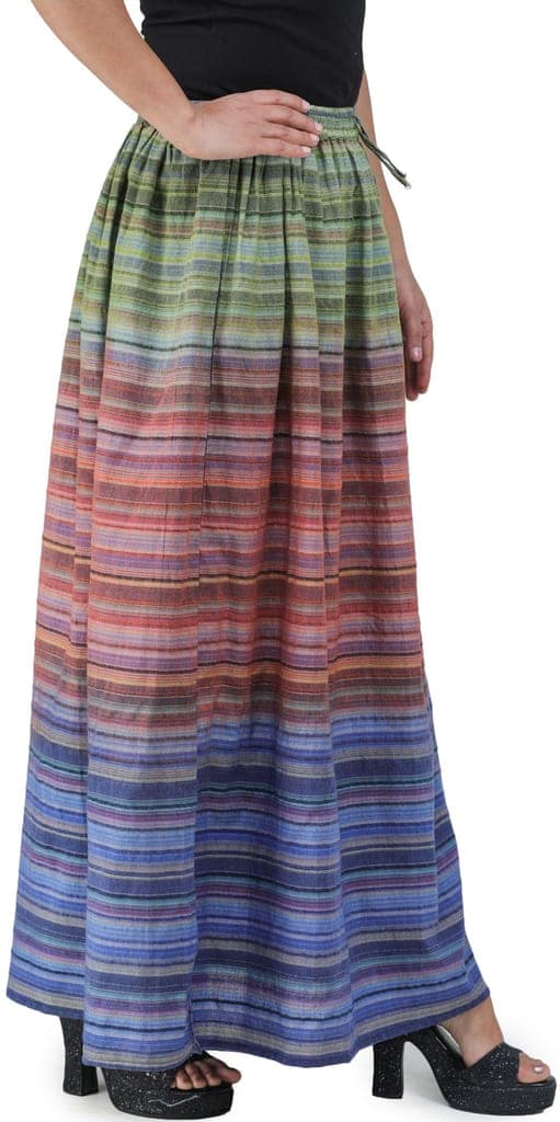 Green-Purple Long Summer Skirt with Stripes Woven in Multi-Color Thread and Dori on Waist view 2
