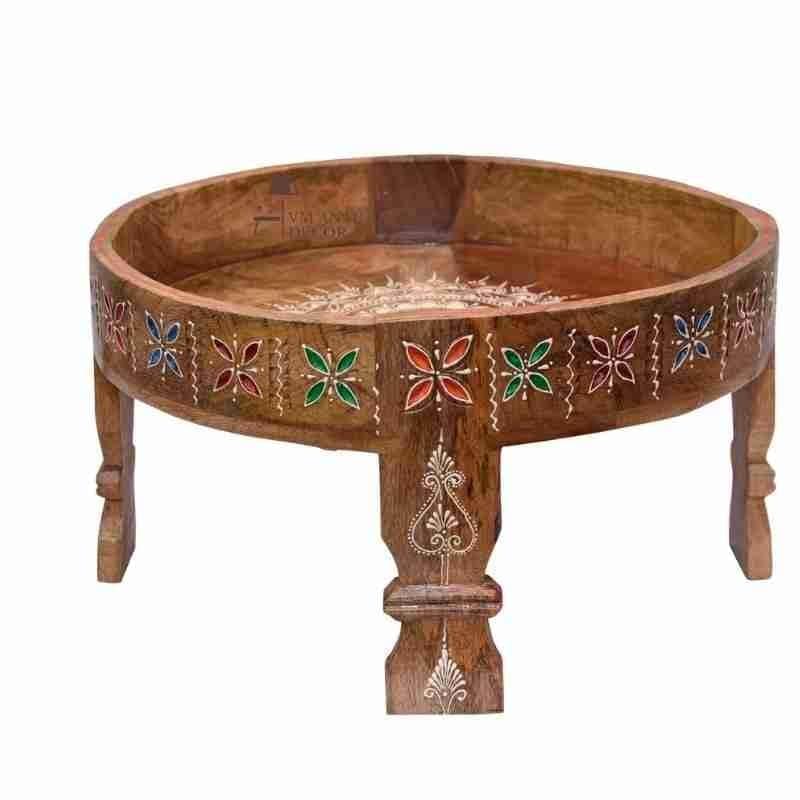 Wooden Handpainted Round Vintage Coffee Table for Home Decor view 2