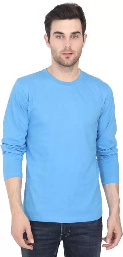 Men Solid Round Neck Pure Cotton Light Blue T-Shirt view 2