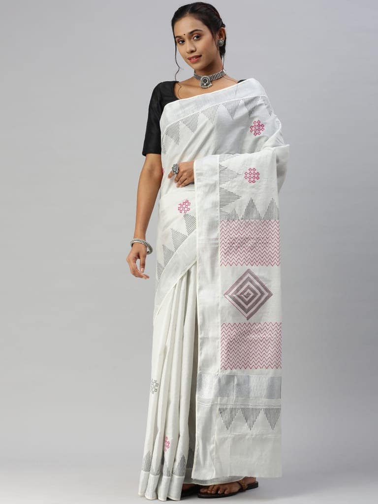 Womens Kerala Tissue Printed Silver Jari Border Saree OKS38 view 2