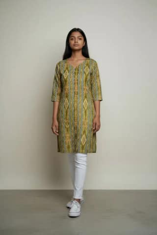 Sambalpuri Bandhakala Cotton Kurti in Olive