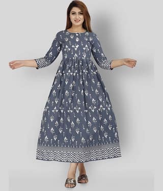EXPORTHOUSE - Grey Cotton Women's Flared Kurti ( Pack of 1 )