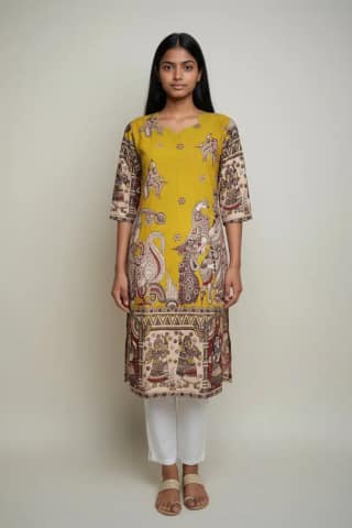 Kalamkari Print Cotton Kurti Mustard Yellow
