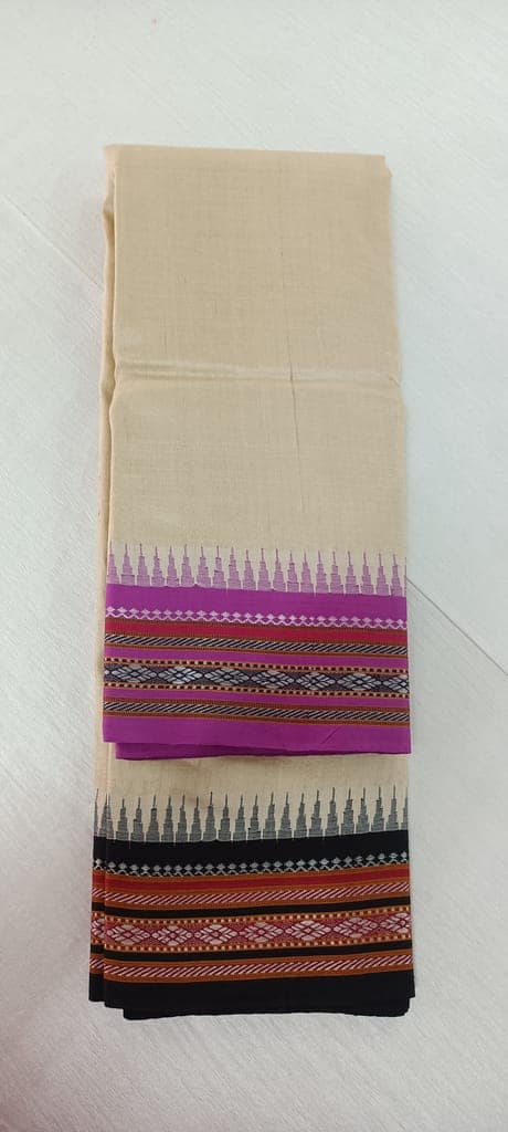 Handloom tussar silk karwathi saree with black and lavender border view 2