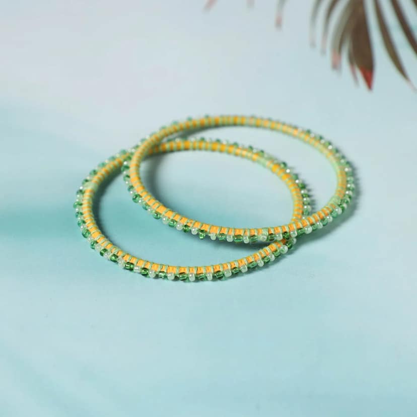 Green - Hand Embroidered Beadwork Bangle (Set of 2)