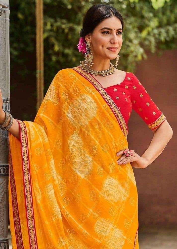 Gold Color Checks Foil Print Chiffon Saree With Fancy Border And Fancy Blouse Piece view 2