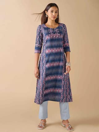 Indigo Pure Cotton Natural Printed Kurti With Mirror Embroidery