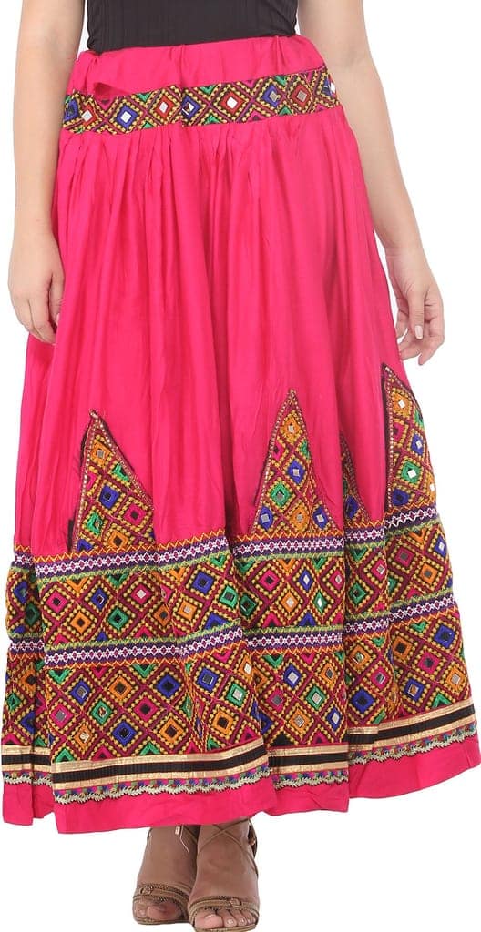 Rasberry-Sorbet Ghagra Skirt from Kutch with Multicolor Thread Embroidered Patch Border and Mirrors view 2