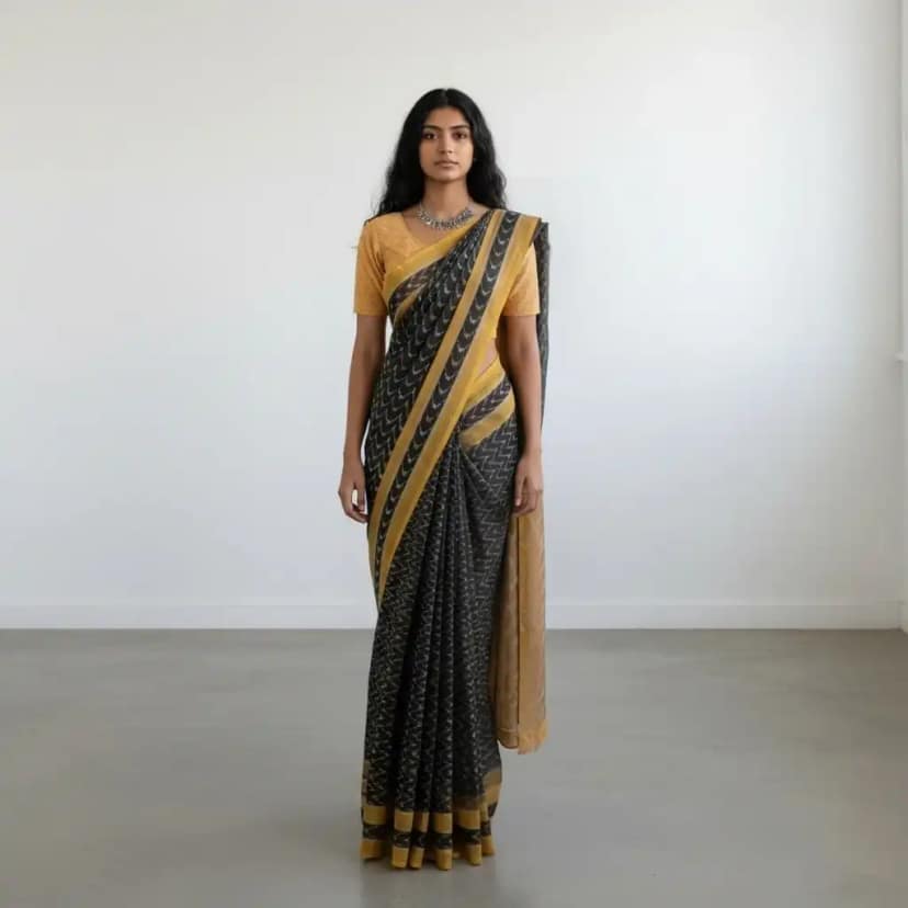 Charcoal Grey Pochampally Mercerized Cotton Saree, Temple Border