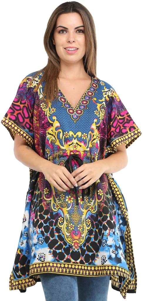 Blue-Aster Short Kaftan with Printed Florals All-Over and Dori at Waist view 2