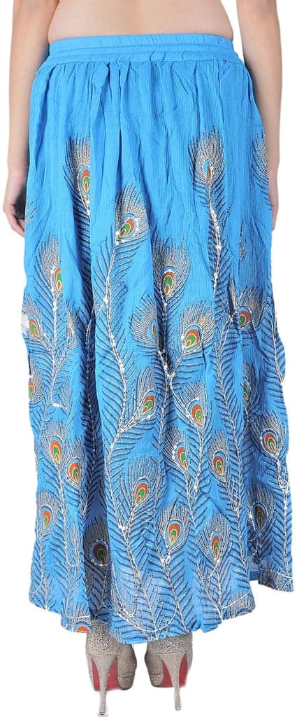 Cyan-Blue Long Skirt with Printed Peacock Feather and Embroidered Sequins view 2