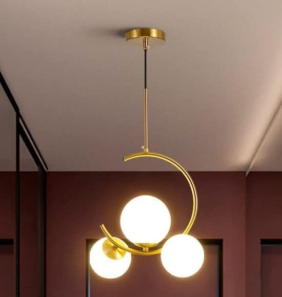 SPARKWORLD 3-Moon Pendant Hanging Ceiling Lamp Brass Effect | Frosted Glass Shade | Modern Hanging Light for Bedroom, Living Room, Caf & Hall | Colour: Golden view 2