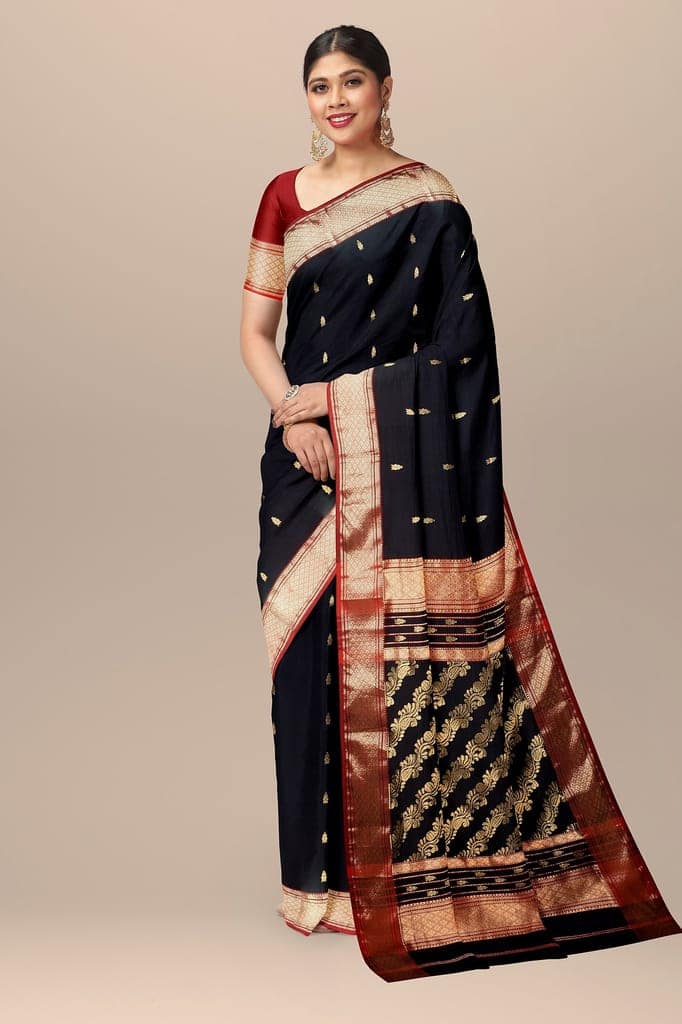 Black Handwoven Sausar Silk Saree with Zari Border and Bel Palla Saree SKU - BS10103