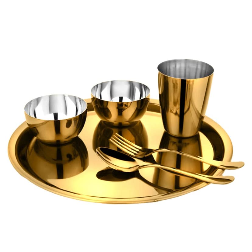 “Regal” Stainless Steel Thali /Dinner Set of 8 pcs (Gold, Steel & Rose gold) view 2