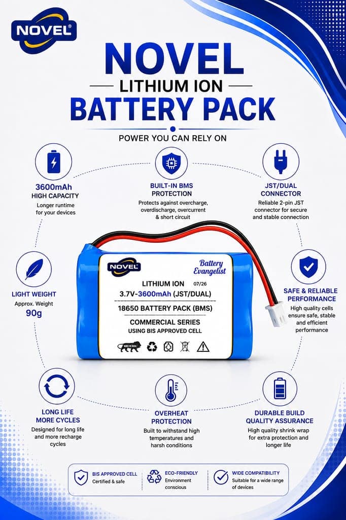 NOVEL 3.7V BMS 18650 LITHIUM ION DUAL BATTERY PACK WITH JST 2PIN- 3600mAh view 2