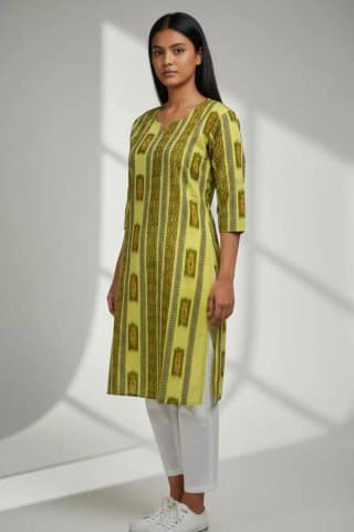 Sambalpuri Ikat Green Yellow Cotton Kurti