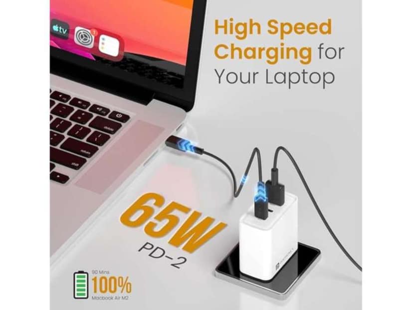Portronics Adapto 65M 2 X Type C PD Port , 1 X USB-A Port, 65W Laptop Charging, GaN Technology, PPS technology - White view 2