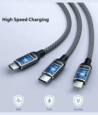 Multi-Functional Charging & Data Cable – 3-in-1 Type-C, Micro USB, and Lightning Connectors for Smartphones – 1.5 Meter Braided Cable (Heavy Duty)