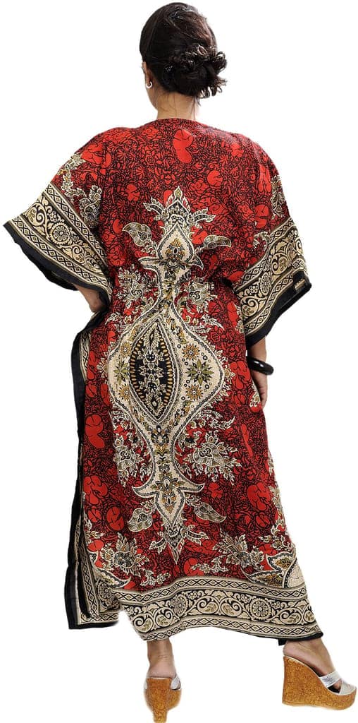 Claret-Red Long Printed Kaftan with Dori at Waist view 2