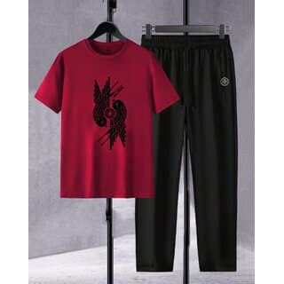 AUSK Mens Casual Graphic Print Cotton Blend Maroon & Black Summer wear Co-ords set of T-Shirt & Trakpant