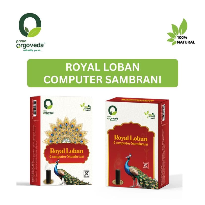 Prime Orgoveda Royal Loban Computer Sambrani | 100% Natural Organic Dhoop Sambrani | Long-Lasting Divine Fragrance for Meditation, Pooja, Yoga | Charcoal-Free Herbal Sambrani (Pack of 20 Pcs) view 2