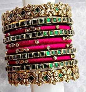 Hot Pink Silk Thread Gold Plated Bangle Set with Green Stones view 2
