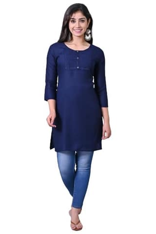 Women's Navy Blue Solid Straight Kurta with 3/4th Sleeves