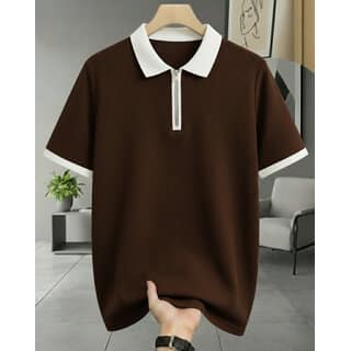 Ausk Mens Brown, White Graphic Print Cotton Blend Polo Collar T-Shirt