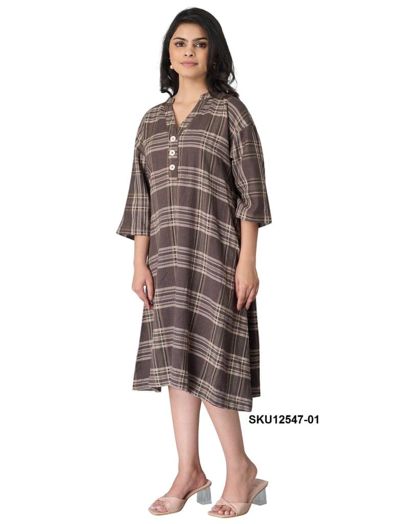 Women's Plaid Brown Cotton Midi Dress with 3/4 Sleeves view 2