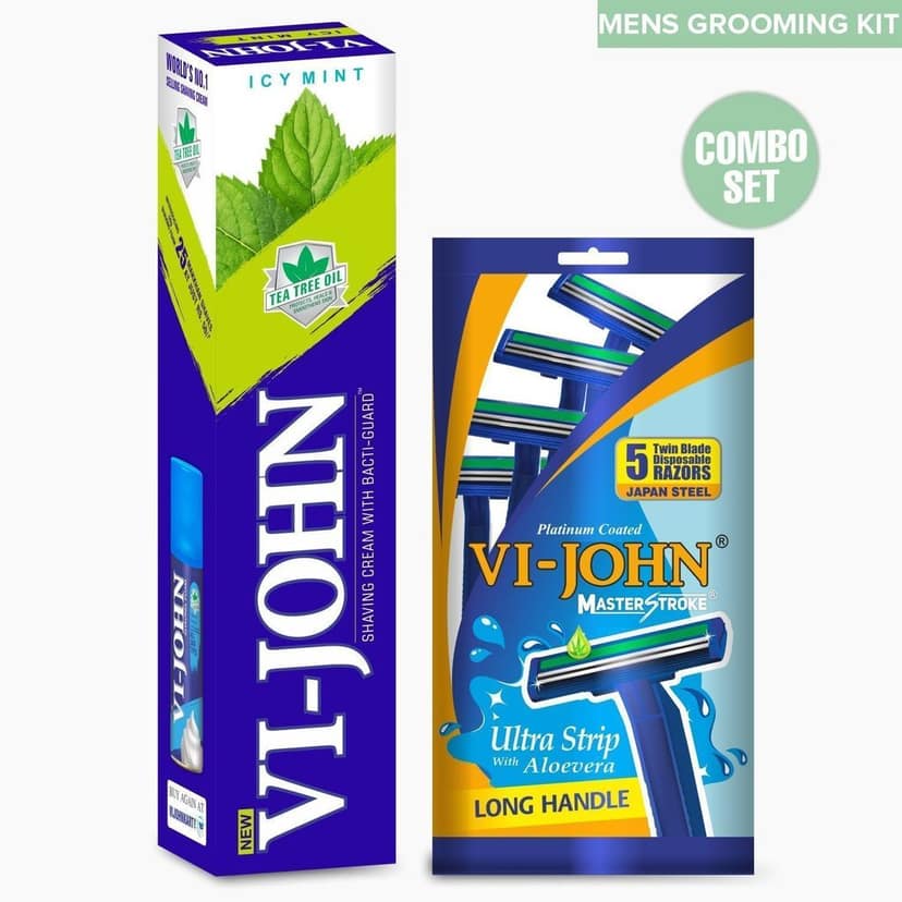 VI-JOHN Shaving Cream Icy Mint With Tea Tree & Vitamin E- 125 GM (Pack Of 4 - 500 GM + Disposable Razor 5 Pc)