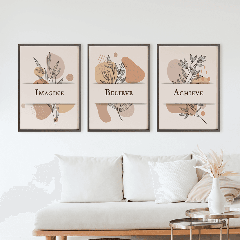 Rustic Charm Set of 3 Motivational Quotes Wall Art for Living room, Office & Gym | Believe|13 x 18 inches (A3)|Beige view 2