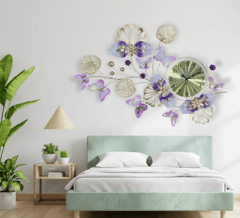 Elegant Butterfly & Floral Garden Metal Wall Art Clock – Purple & Gold 3D Sculptural Decor view 2