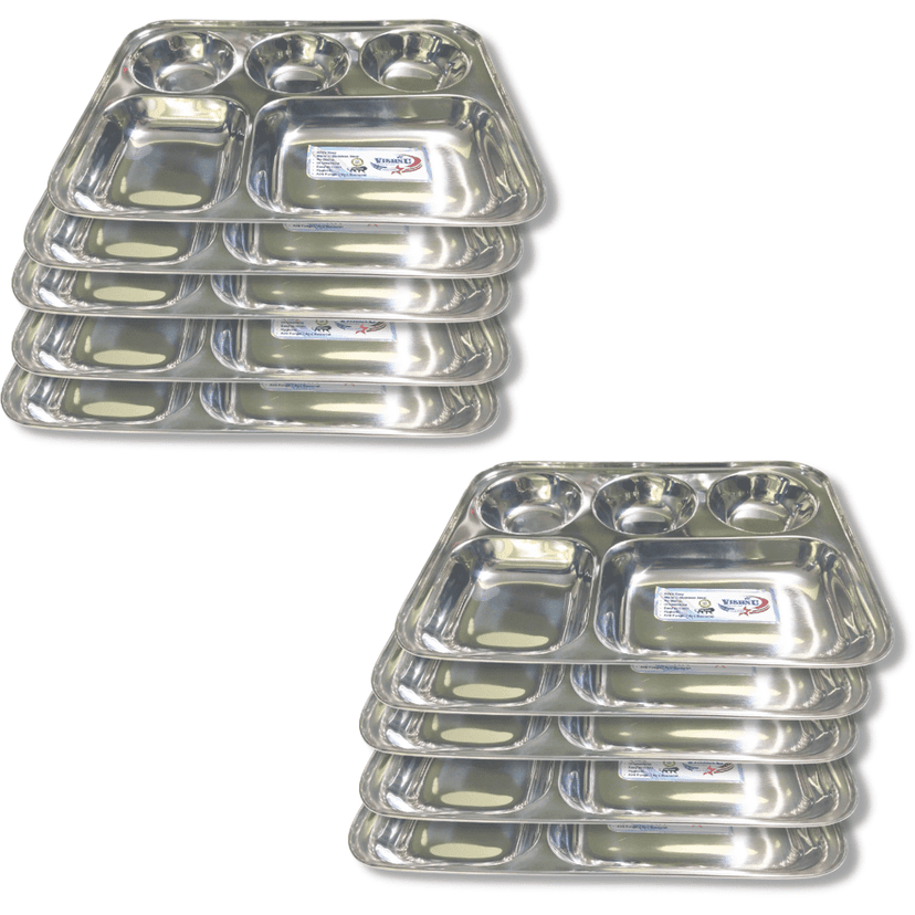 SHINI LIFESTYLE Bhojan Thal, 5 column, Stainless Steel Plate for dining, Super Premium Quality Dinner Plate (Pack of 10)