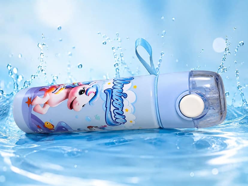 Unicorn Water Bottle for Kids, Blue, Push Button Flip Lid with Straw view 2