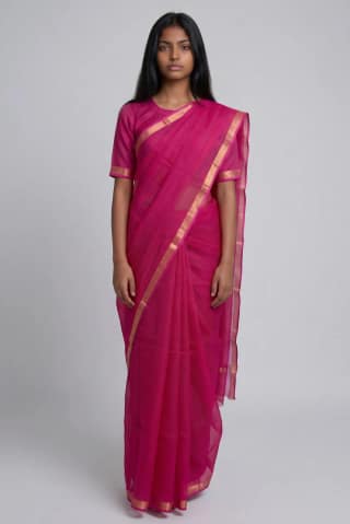 Kota Doria Cotton Saree Magenta Pink Gold Zari Border