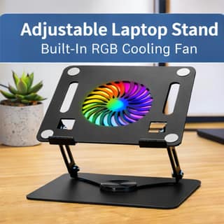 Adjustable Height Metal Laptop Cooling Pad Stand with RGB Cooling Fan, Non-Slip, High Load Capacity, Dark Grey