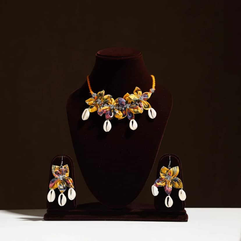 Yellow -Fabart Phool Kali Shell Choker Necklace Set 09