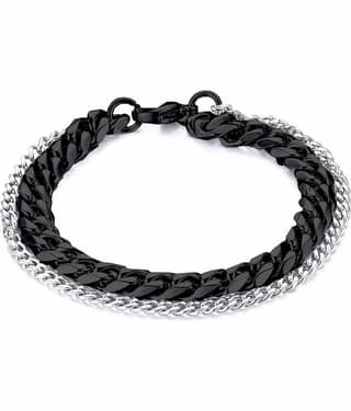 ZIVOM® Double Layered Wrist Wrap Macho Black Silver 316L Surgical Stainless Steel Curb Chain Bracelet for Men Boys