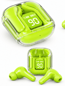 Lime Green True Wireless Earbuds with Transparent LED Display Charging Case