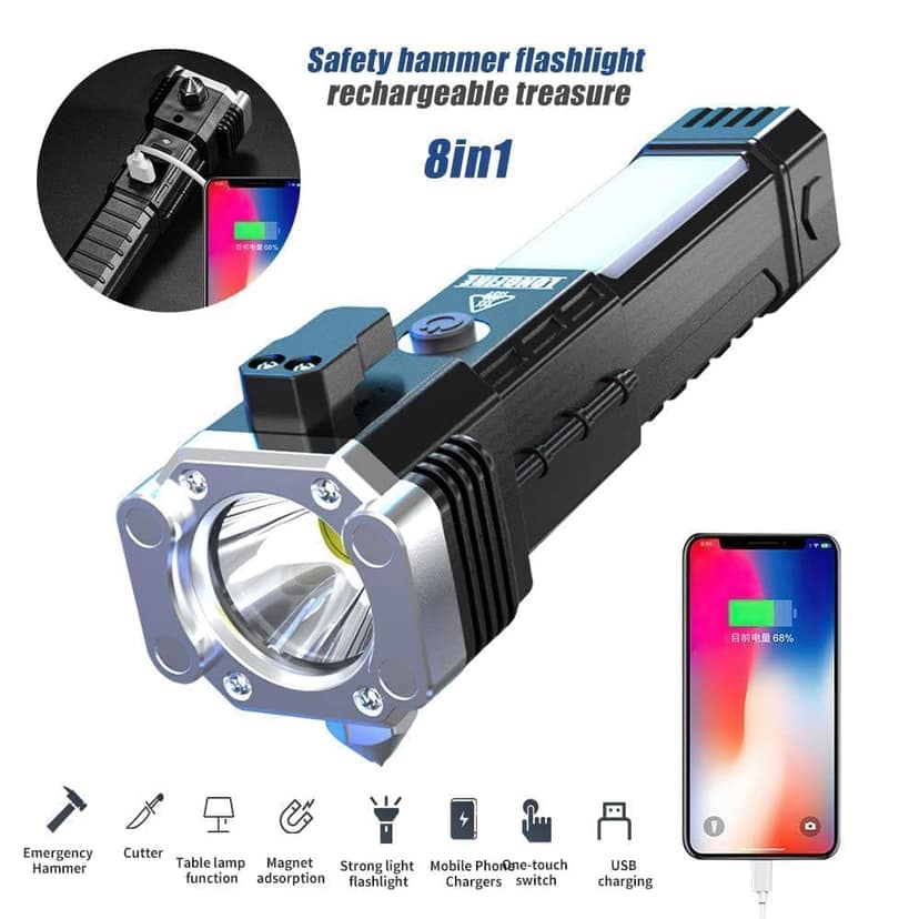 KKK Retailers LED 3W Rechargeable Torch Flashlight | Long-Distance Beam | Car Rescue Tool with Hammer & Seat Belt Cutter | Portable Emergency Light (Single Piece)30D x 40W x 30H Millimeters, view 2