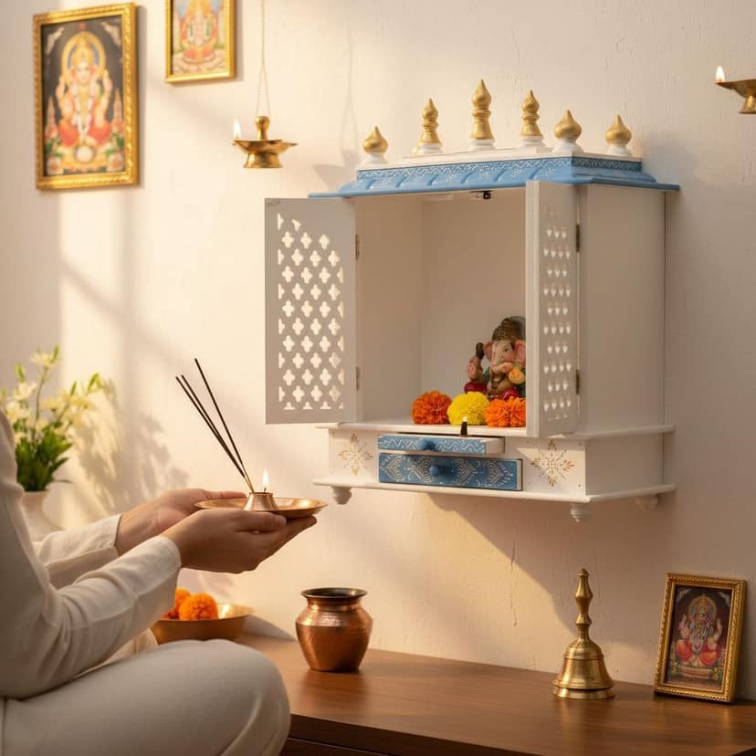 Wooden Wall Hanging Hand Painted Pooja Mandir for Home of Mango Wood view 2