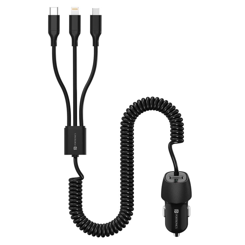 Portronics Car Power 3X, 12W 3-in-1 Coiled Cable (Type-C, Lightning, Micro-USB), 17W USB-A Port, Charge 4 Devices at Once, For Phones, Tablets, Earbuds & More