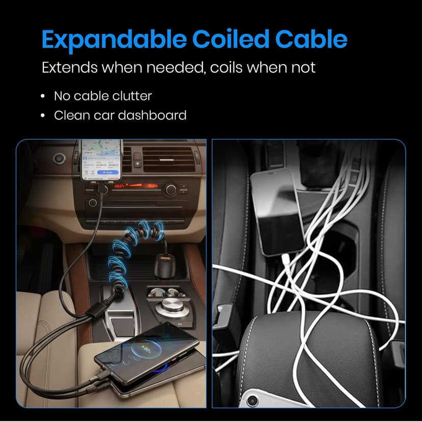 Portronics Car Power 3X, 12W 3-in-1 Coiled Cable (Type-C, Lightning, Micro-USB), 17W USB-A Port, Charge 4 Devices at Once, For Phones, Tablets, Earbuds & More view 2