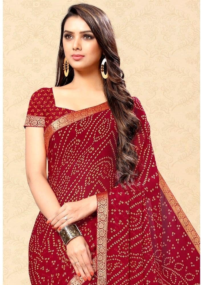 Crimson Red Bandani Print Chiffon Saree view 2