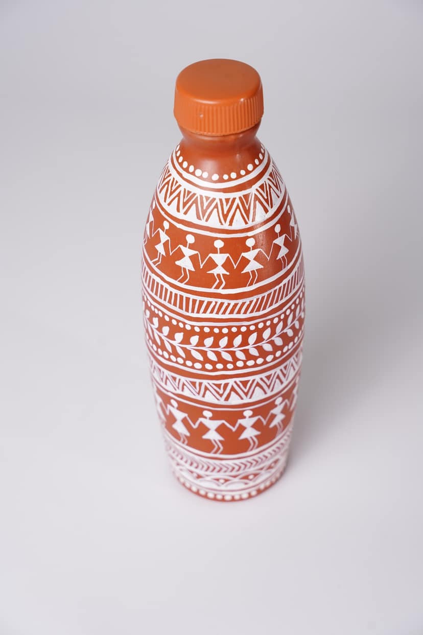 Tisser Brown handmade clay water bottle with Warli art – Premium Handcrafted Eco-Friendly Product view 2